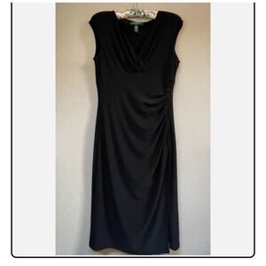 Lauren Ralph Lauren Dress Surplice Neck Ruched Sleeveless Size 10 Black Stretch